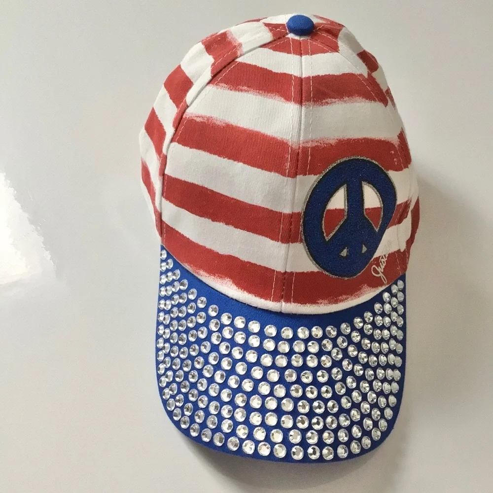 Justice Patriotic Blinged Peace Hat Red White Blue Silver OS